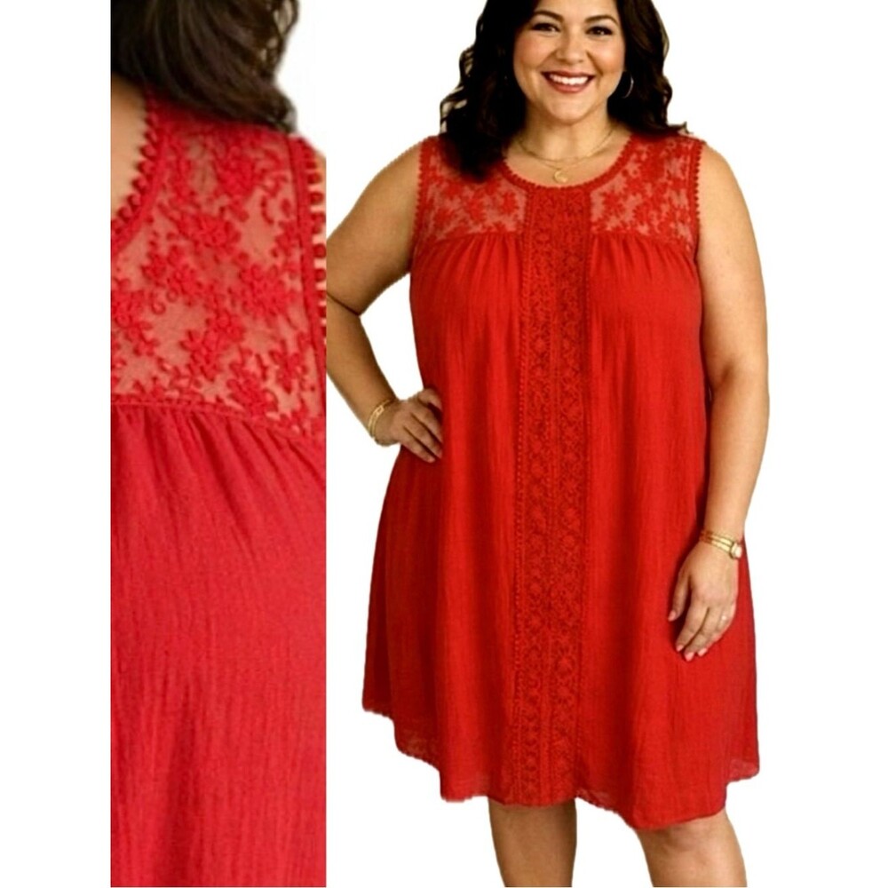 Zac & Rachel Crochet Lace Mix Crinkled Gauze Sundress Size 2X Coral Tank Dress